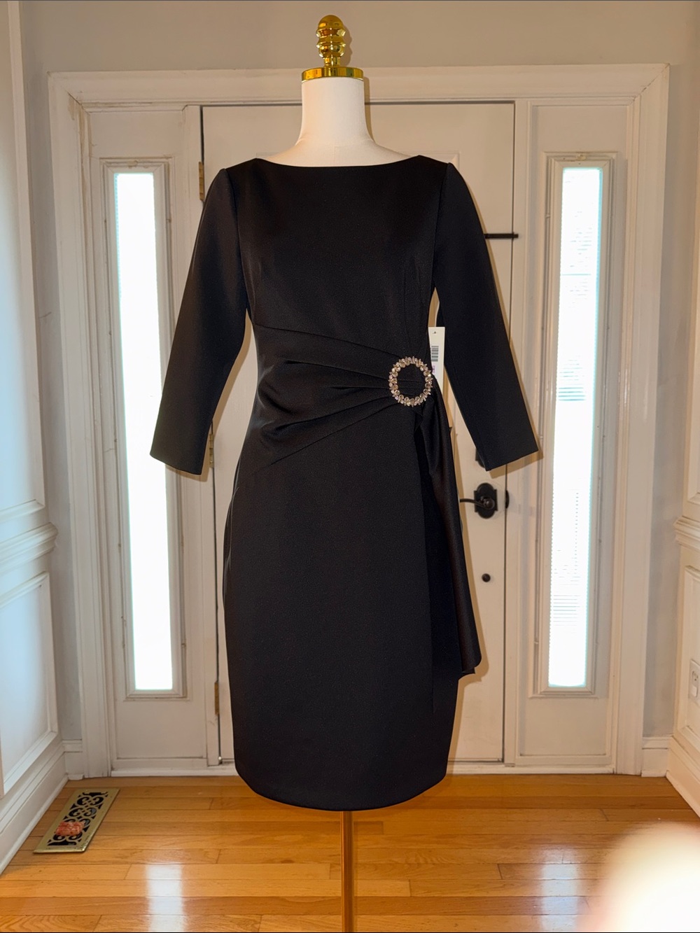 Eliza J Black Long Sleeve Sheath Dress with Rhinestone Buckle